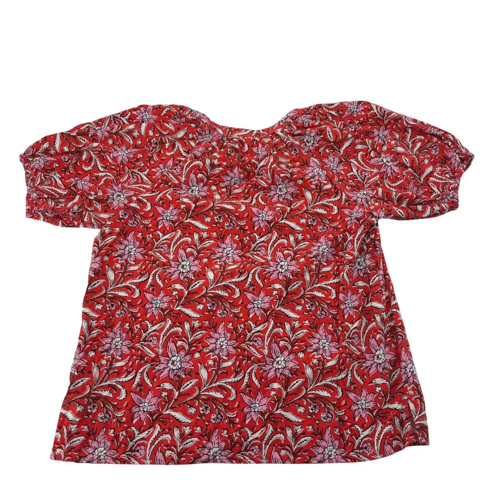 LOFT Womens XS Red Floral Split Neck Puff Sleeve Cotton Rayon Blouse Top